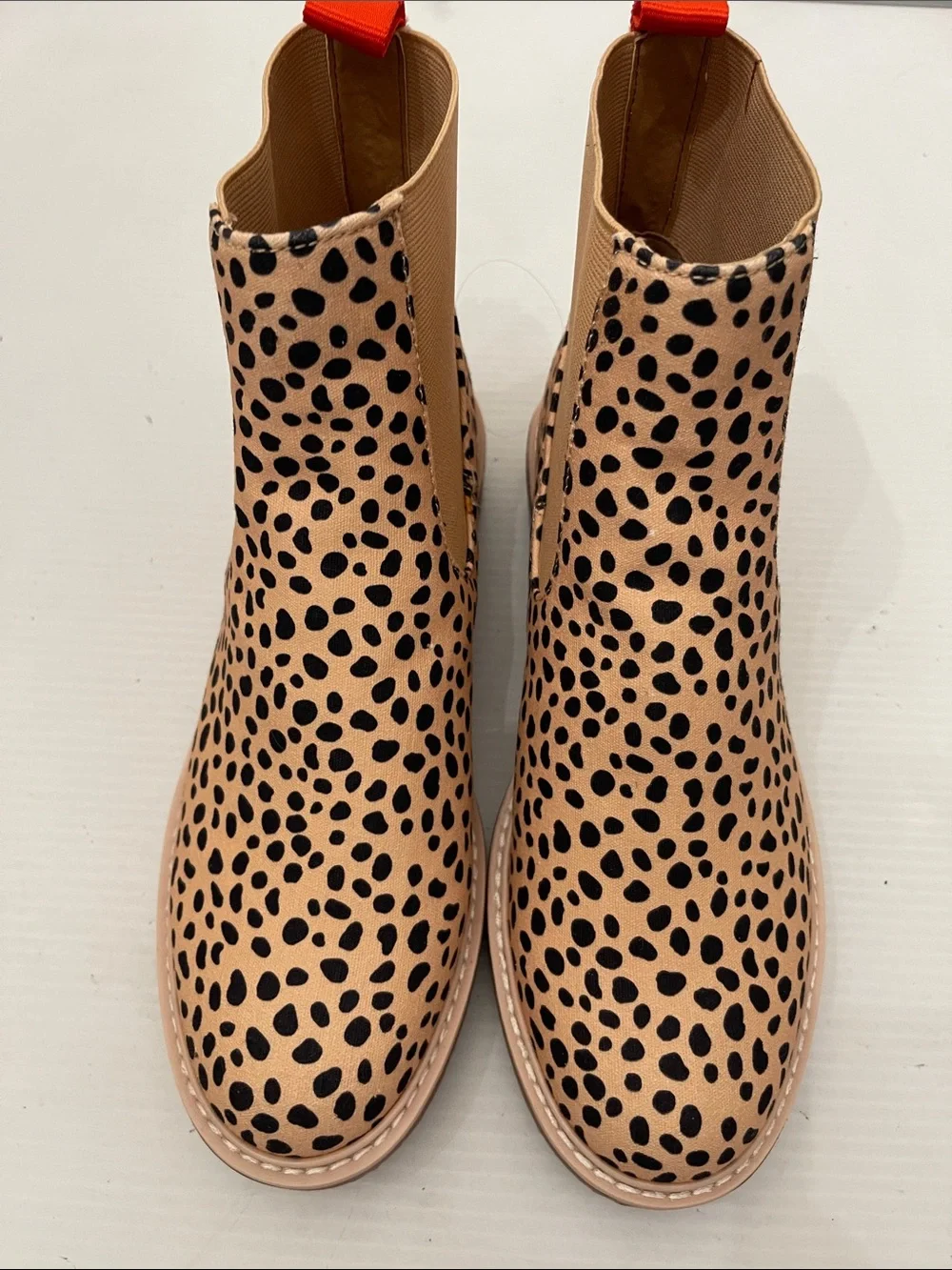 Dolce Vita Leopard Print Chelsea Boot in Tan and Black with Red Pull Tab Women’